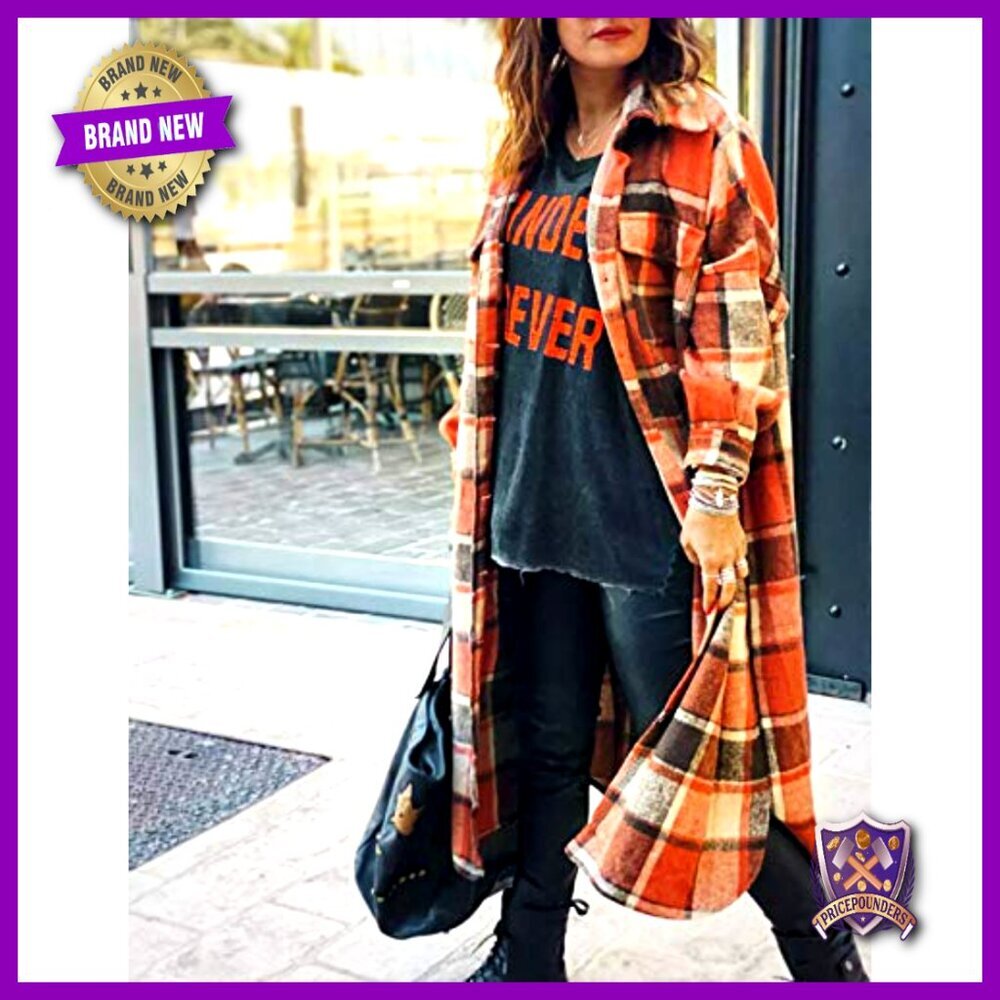 Oversized Flannel Trench Coat Classic Plaid Shacket Button Down Long - Picture 5 of 7